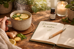 café vs thé bienfaits Rituel matinal apaisant avec une infusion de gingembre et citron pour remplacer le café