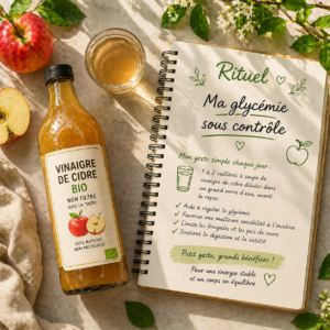 Bouteille de vinaigre de cidre avec une pomme et un verre d'eau à côté d'un carnet de rituels sur une table. vinaigre de cidre