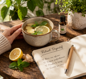 Boire de l'eau à jeun Rituel matinal avec infusion détox au gingembre et citron, carnet de notes bien-être sur table en bois.