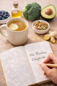 secret longévité naturelle Carnet de notes listant les 5 habitudes de longévité avec une tasse d'infusion et des fruits frais.
