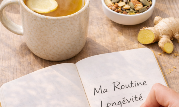 secret longévité naturelle Carnet de notes listant les 5 habitudes de longévité avec une tasse d'infusion et des fruits frais.