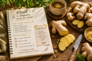 Racine de gingembre frais à côté d'une infusion fumante et d'un carnet de rituels sur une table. bienfaits du gingembre