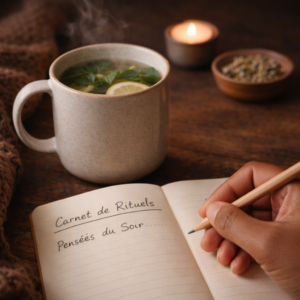Astuces insomnie sommeil Carnet de notes ouvert et tasse d'infusion apaisante illustrant une routine du soir pour mieux dormir.