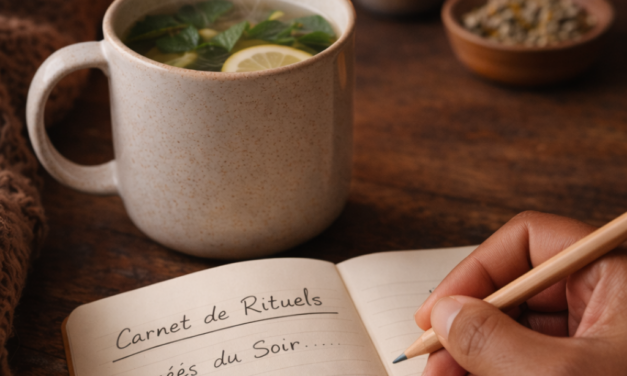 Astuces insomnie sommeil Carnet de notes ouvert et tasse d'infusion apaisante illustrant une routine du soir pour mieux dormir.