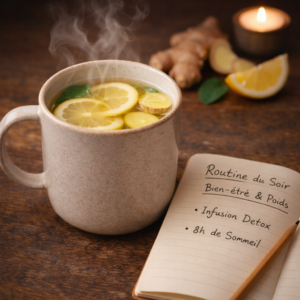 Maigrir en dormant naturel Rituel du soir avec une infusion au gingembre et un carnet de suivi pour booster le métabolisme nocturne.