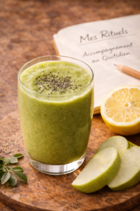 Verre de smoothie vert frais aux graines de chia, pomme et concombre, posé sur une table en bois à côté d'un carnet de recettes ouvert. Smoothie Ventre Léger