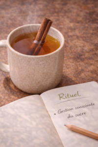 eau à la cannelle bienfaits Bâtons de cannelle à côté d'une tasse d'eau tiède fumante et d'un carnet de rituels.