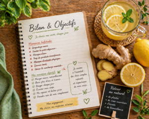 erreurs perte de poids Personne notant ses erreurs alimentaires dans un carnet à côté d'une infusion détox au citron.