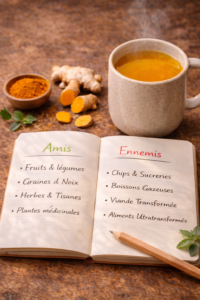 Aliments contre les douleurs Infusion de gingembre et curcuma sur une table en bois avec un carnet de rituels santé.