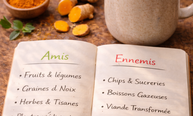 Aliments contre les douleurs Infusion de gingembre et curcuma sur une table en bois avec un carnet de rituels santé.