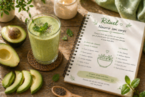 Smoothie crémeux à l'avocat et à la banane dans un verre, entouré d'avocats coupés et d'un carnet de rituels.