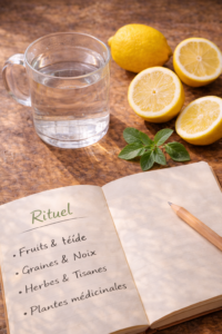 Eau tiède citronnée matin Main pressant un demi-citron frais au-dessus d'une tasse d'eau tiède sur une table en bois avec un carnet 'Rituel'