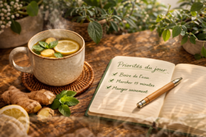 remèdes naturels fatigue Rituel complet contre la fatigue : infusion gingembre-citron et carnet de planification sur une table en bois.