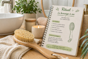 Main utilisant une brosse en bois sur une jambe sèche à côté d'une tasse d'infusion et d'un carnet de rituels. Le brossage à sec