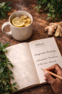 10 erreurs alimentaires santé Main d'une personne écrivant ses nouveaux objectifs de santé dans un carnet à côté d'une infusion détox au citron et gingembre.