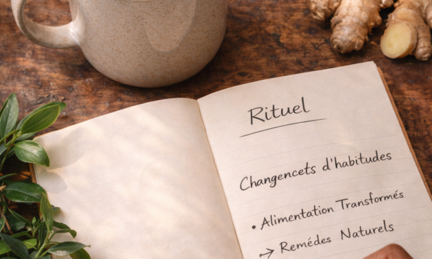 10 erreurs alimentaires santé Main d'une personne écrivant ses nouveaux objectifs de santé dans un carnet à côté d'une infusion détox au citron et gingembre.
