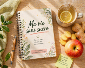 dangers du sucre Un carnet de rituels avec une liste de substituts au sucre à côté d'une infusion naturelle et d'un fruit frais.