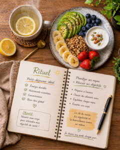 menu petit-déjeuner sain Table de petit-déjeuner avec œufs, avocat, pain complet, infusion citronnée et un carnet de planification