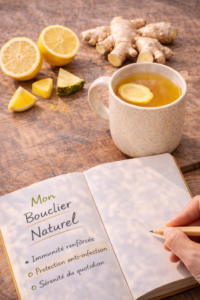 Renforcer son immunité naturellement Carnet de notes listant les conseils d'immunité à côté d'une infusion de gingembre et d'un citron.