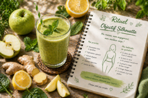 Smoothie vert dans un verre avec du gingembre, du citron et une pomme à côté d'un carnet de rituels smoothie brûle-graisse
