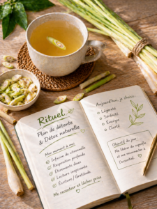 infusion citronnelle bienfaits Tiges de citronnelle fraîche à côté d'une tasse fumante et d'un carnet de rituels sur une table en bois.