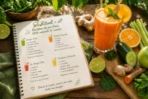 Verre de jus frais coloré entouré de fruits entiers et d'un carnet de rituels sur une table en bois bienfaits jus naturels