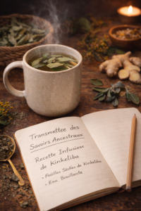 7 plantes médicinales africaines Infusion de plantes traditionnelles africaines (gingembre, kinkeliba) avec un carnet de rituels sur une table en bois.