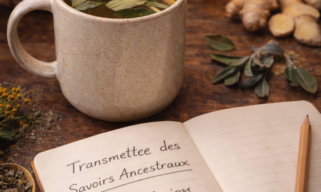 7 plantes médicinales africaines Infusion de plantes traditionnelles africaines (gingembre, kinkeliba) avec un carnet de rituels sur une table en bois.