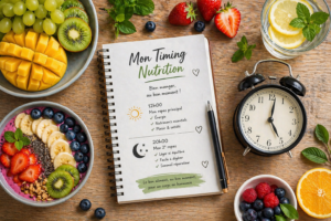 Une pomme et un kiwi à côté d'une montre et d'un carnet de rituels sur une table en bois. fruits et perte de poids