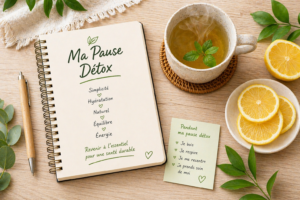 Carnet de notes ouvert sur une définition de la détox avec une tasse d'eau citronnée et des ingrédients frais. comment faire une détox