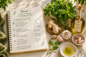 Alt-Bouteille d'huile d'olive, citrons et herbes fraîches à côté d'un carnet de rituels sur une table en bois. cuisiner sans huile