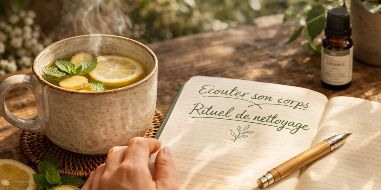Corps intoxiqué signes Main posée sur une table en bois à côté d'une infusion détox au citron, gingembre et menthe, avec un carnet de bord listant un rituel digestif.