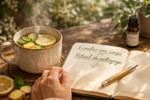 Corps intoxiqué signes Main posée sur une table en bois à côté d'une infusion détox au citron, gingembre et menthe, avec un carnet de bord listant un rituel digestif.