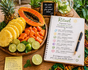 programme jus détox Assortiment de fruits tropicaux (papaye, ananas, citron) avec un carnet de suivi détox 7 jours.