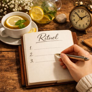 Routine matinale bien-être Main d'une personne à côté d'une tasse d'infusion au gingembre et citron avec un carnet ouvert titré 'Rituel Digestif' sur une table en bois.