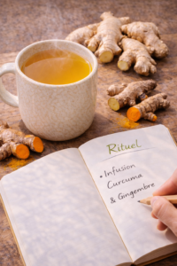 infusion curcuma gingembre Racines de curcuma et gingembre frais à côté d'une tasse d'infusion ambrée et d'un carnet de rituels.
