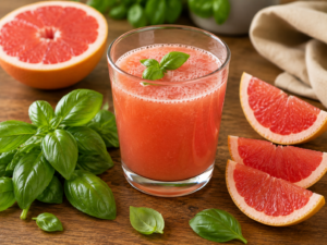 Un verre de jus de pamplemousse rose frais garni de feuilles de basilic vert sur une table ensoleillée