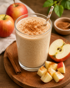 Un verre de smoothie pomme cannelle crémeux saupoudré de cannelle avec des morceaux de pomme à côté