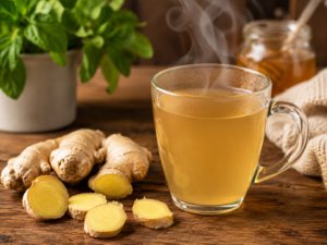 Des racines de gingembre frais coupées en morceaux à côté d'une tasse d'infusion chaude fumante boire du gingembre tous les jours