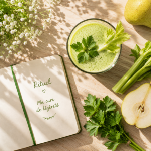 Un grand verre de jus vert clair au céleri et à la poire à côté d'un carnet de rituels et de branches de persil frais. Jus de Céleri