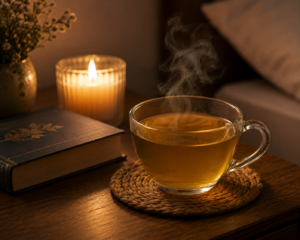 Une tasse de tisane fumante posée sur une table de nuit avec un livre fermé et une bougie allumée en arrière-plan