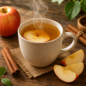 Une tasse fumante d'infusion pomme cannelle à côté d'un bâton de cannelle et de tranches de pommes sur une table en bois