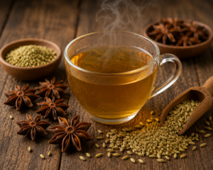 Une tasse de tisane chaude transparente entourée de graines d'anis étoilé et de graines de fenouil sur une table en bois