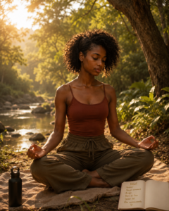 Une femme sereine assise en tailleur pratique la méditation en pleine nature pour réduire le stress techniques de relaxation
