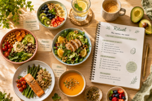 Alt- Assortiment de petits-déjeuners sains (œufs, porridge, smoothie) à côté d'un carnet de rituels et d'une tasse de thé. Petit-déjeuner équilibré