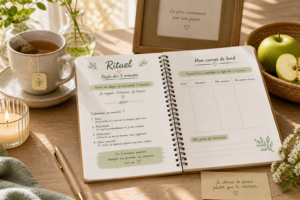 Main tenant une tasse d'infusion à côté d'un carnet titré 'Écouter mes émotions' et d'une pomme. grignotage émotionnel solutions
