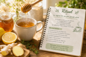 Une tasse d'eau tiède avec une tranche de citron et une cuillère de miel à côté d'un carnet de rituels. Bienfaits miel et citron