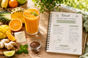 Alt- Verre de jus de pruneaux et orange à côté d'un carnet de rituels notant 'Objectif Transit Fluide'. Jus contre la constipation