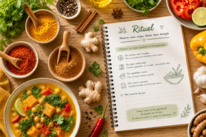 Assortiment de 10 épices colorées dans des petits bols à côté d'un carnet de recettes et d'une infusion. épices brûle-graisse