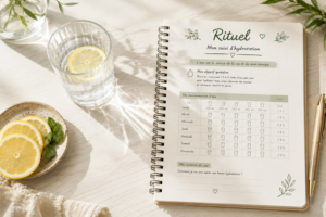 Un grand verre d'eau avec une rondelle de citron à côté d'un carnet de rituels notant 'Objectif 2L par jour Manque d'eau déshydratation